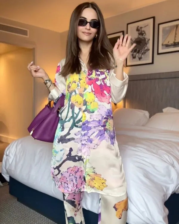 Artistic Floral Crepe Co-ord Set in Off-White