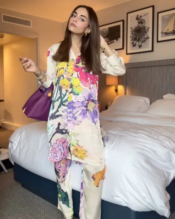 Artistic Floral Crepe Co-ord Set in Off-White