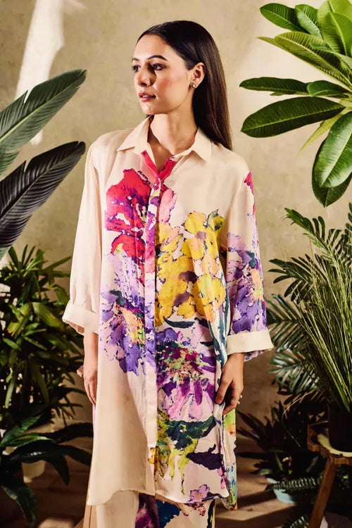 Artistic Floral Crepe Co-ord Set in Off-White