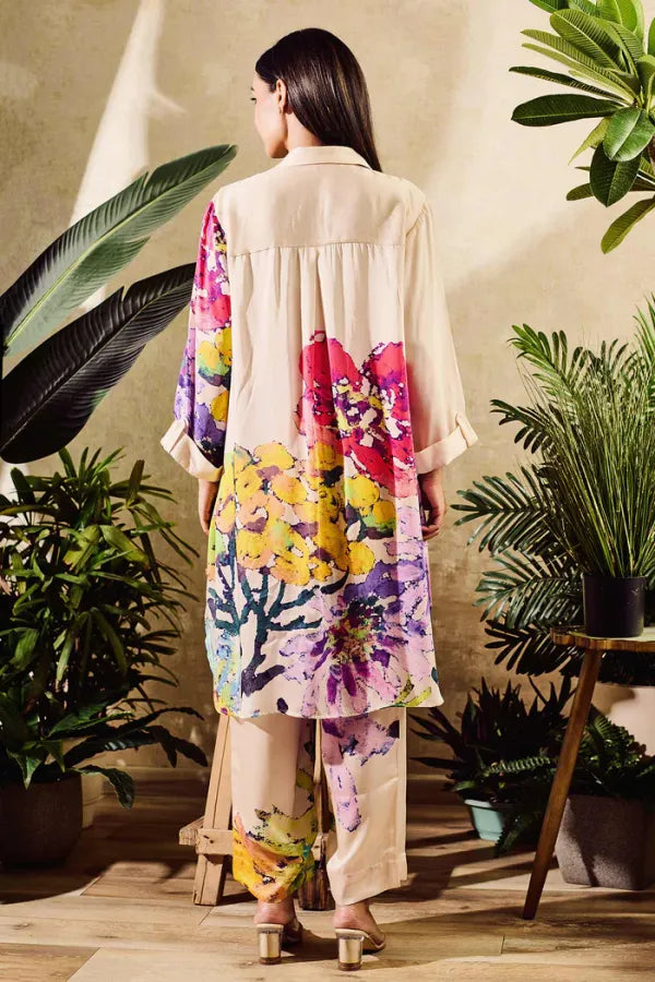 Artistic Floral Crepe Co-ord Set in Off-White