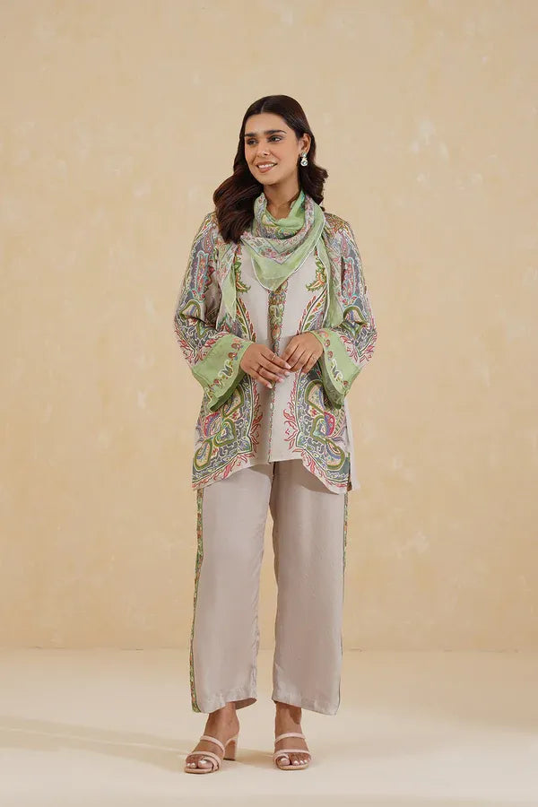 Elegant Paisley Print Tunic and Trouser Set with Scarf