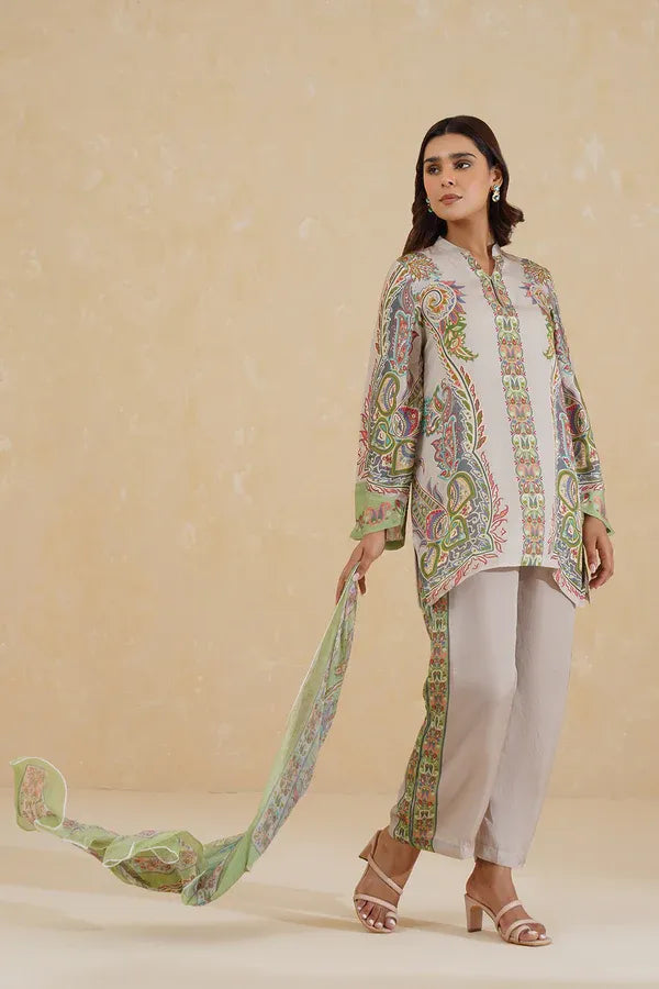 Elegant Paisley Print Tunic and Trouser Set with Scarf